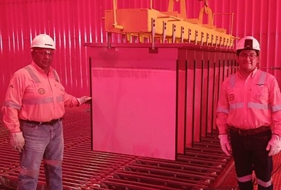 Production of the first copper cathode from oxide ore at the Don Mario Plant on September 16, 2026. The photograph includes EMIPA’s Director of Operations and Project Manager.